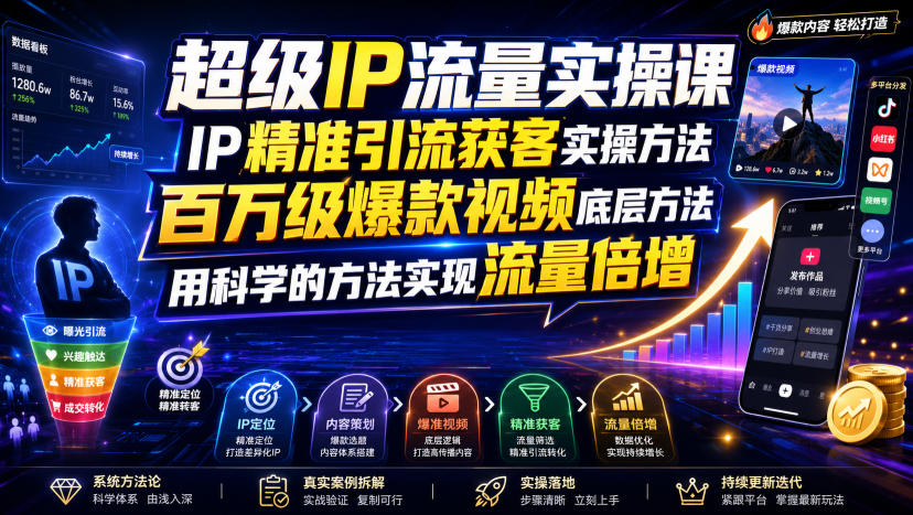 超级IP流量实操课，IP精准引流获客实操方法，百万级爆款视频底层方法，用科学的方法实现流量倍增-FANGXZHAN网创