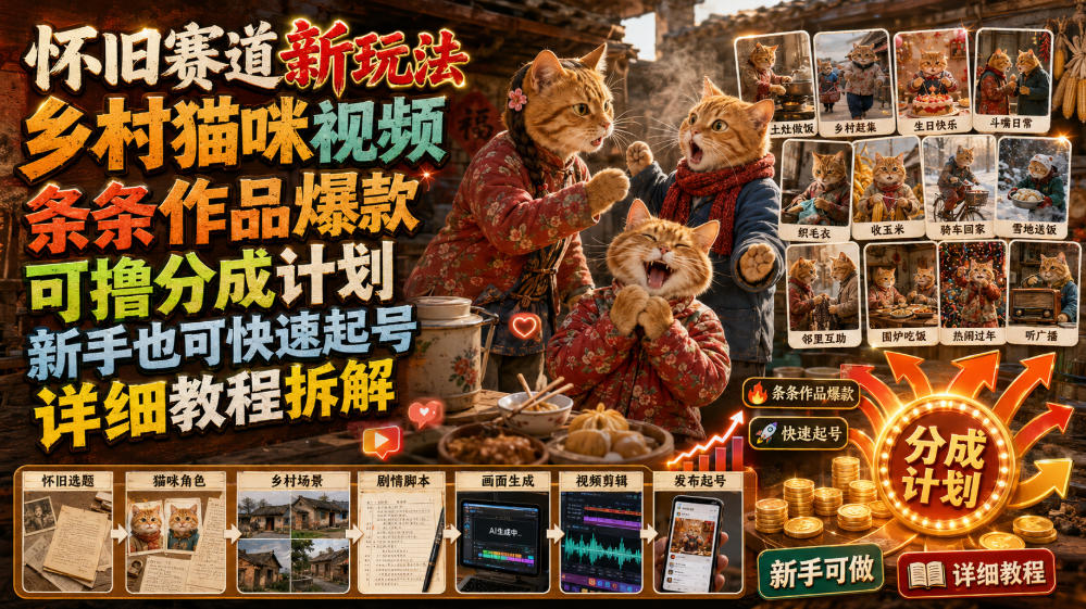 怀旧赛道新玩法，乡村猫咪视频，条条作品爆款，可撸分成计划，新手也可快速起号，详细教程拆解-FANGXZHAN网创