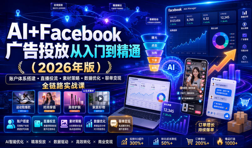 AI+Facebook广告投放从入门到精通(2026年版)｜账户体系搭建・直播投流・素材策略・数据优化・聊单变现全链路实战课-FANGXZHAN网创