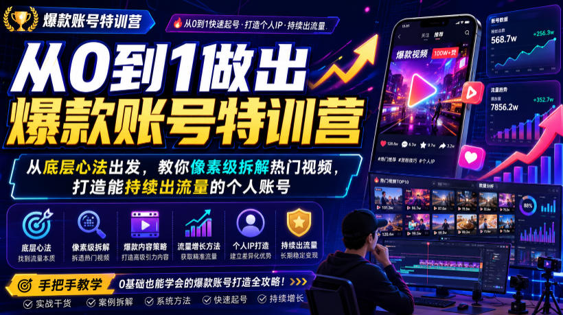从0到1做出爆款账号特训营，从底层心法出发，教你像素级拆解热门视频，打造能持续出流量的个人账号-FANGXZHAN网创