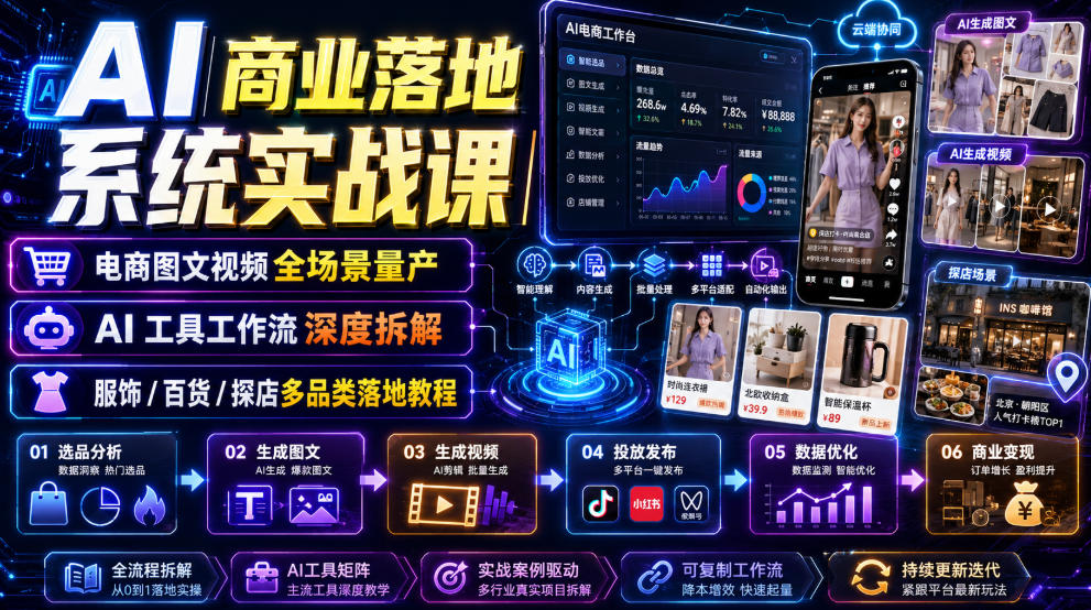AI商业落地系统实战课｜电商图文视频全场景量产・AI工具工作流深度拆解・服饰/百货/探店多品类落地教程-FANGXZHAN网创