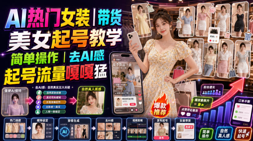 AI热门女装带货丨美女起号教学，简单操作，去AI感，起号流量嘎嘎猛-FANGXZHAN网创