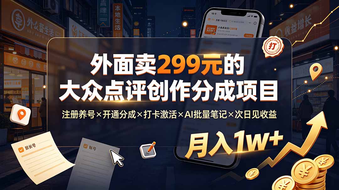 外面卖299元的大众点评创作分成项目：注册养号×开通分成×打卡激活×AI批量笔记×次日见收益，月入1w+-FANGXZHAN网创