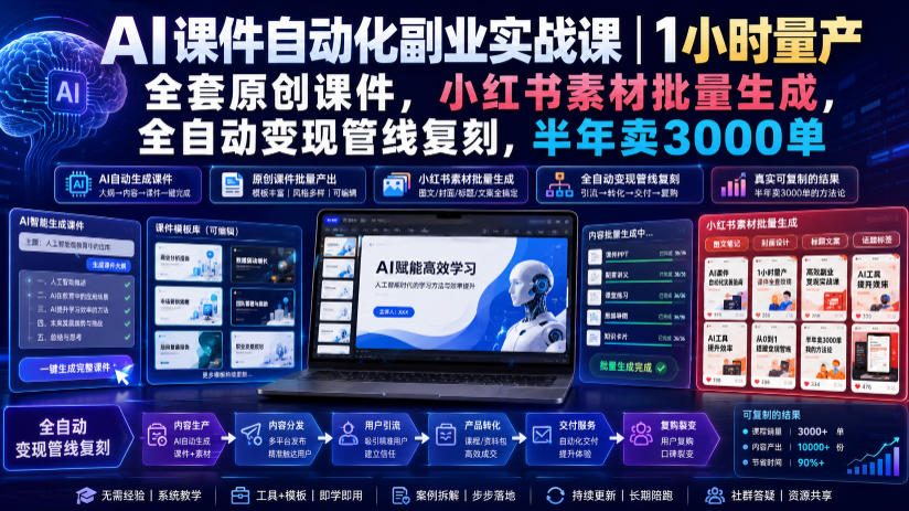 AI课件自动化副业实战课｜1小时量产全套原创课件，小红书素材批量生成，全自动变现管线复刻，半年卖3000单-FANGXZHAN网创
