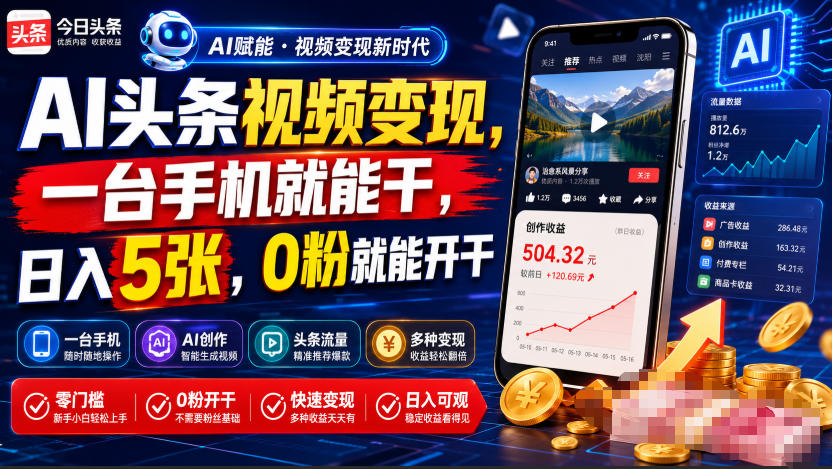 AI头条视频变现，一台手机就能干，日入5张，0粉就能开干-FANGXZHAN网创