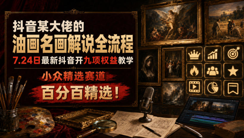 抖音某大佬的油画名画解说全流程，7.24日最新抖音开九项权益教学，小众精选赛道，百分百精选！-FANGXZHAN网创