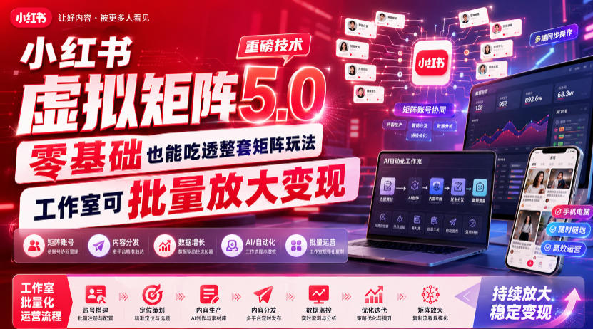 小红书虚拟矩阵5.0重磅技术，零基础也能吃透整套矩阵玩法，工作室可批量放大变现-FANGXZHAN网创
