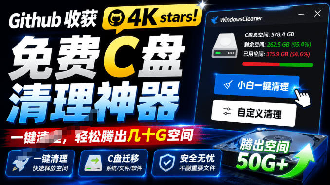 Github收获4K stars！免费C盘清理神器，轻松腾出几十G空间，支持C盘迁移Windows Cleaner-FANGXZHAN网创