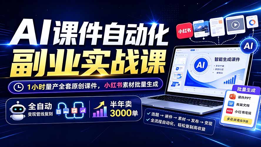 AI课件自动化副业实战课：1小时量产全套原创课件×小红书素材批量生成×全自动变现管线×半年卖3000单-FANGXZHAN网创
