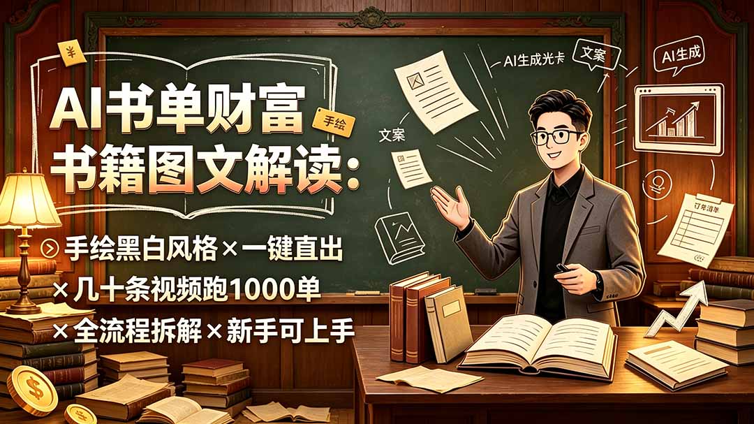 AI书单财富书籍图文解读：手绘黑白风格×一键直出×几十条视频跑1000单×全流程拆解×新手可上手-FANGXZHAN网创