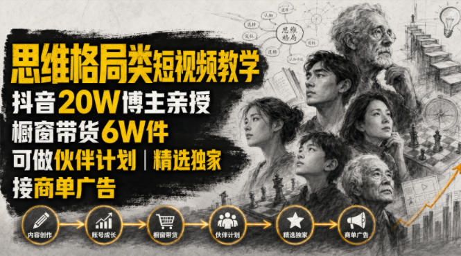 人性思维格局类短视频教学，抖音20W博主亲授，橱窗带货6W件，可做伙伴计划、精选独家、接商单广告-FANGXZHAN网创