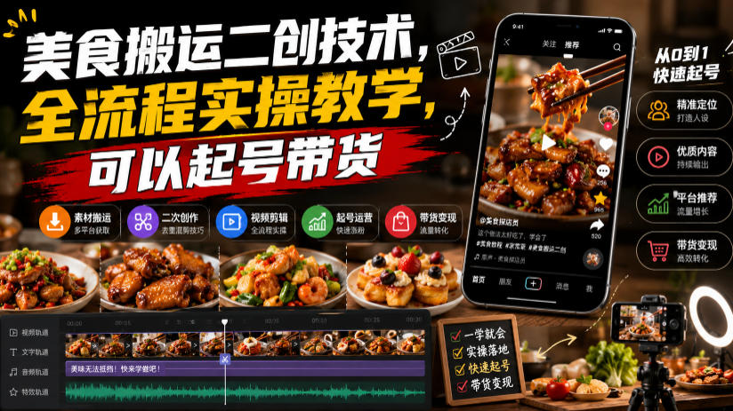 美食搬运二创技术，全流程实操教学，可以起号带货-FANGXZHAN网创