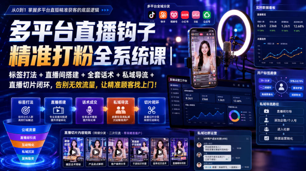 多平台直播钩子精准打粉全系统课｜标签打法+直播间搭建+全套话术+私域导流+直播切片闭环，告别无效流量，让精准顾客找上门！-FANGXZHAN网创
