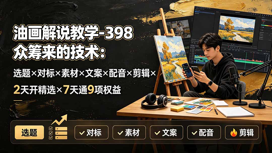 油画解说教学-398众筹来的技术：选题×对标×素材×文案×配音×剪辑×2天开精选×7天通9项权益-FANGXZHAN网创