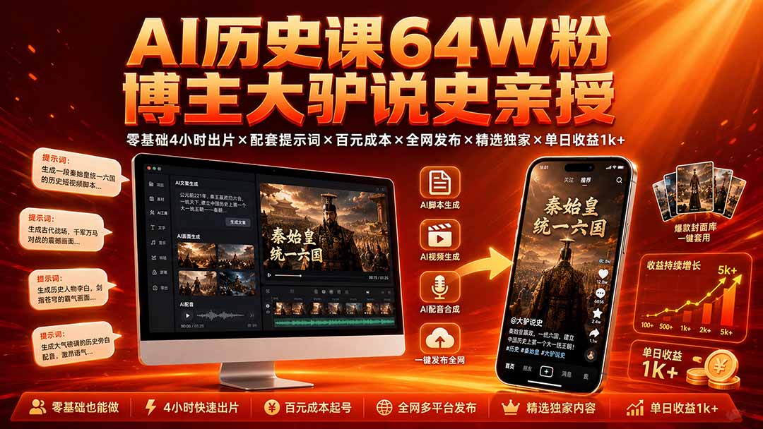 AI历史课64W粉博主大驴说史亲授：零基础4小时出片×配套提示词×百元成本×全网发布×精选独家×单日收益1k+-FANGXZHAN网创