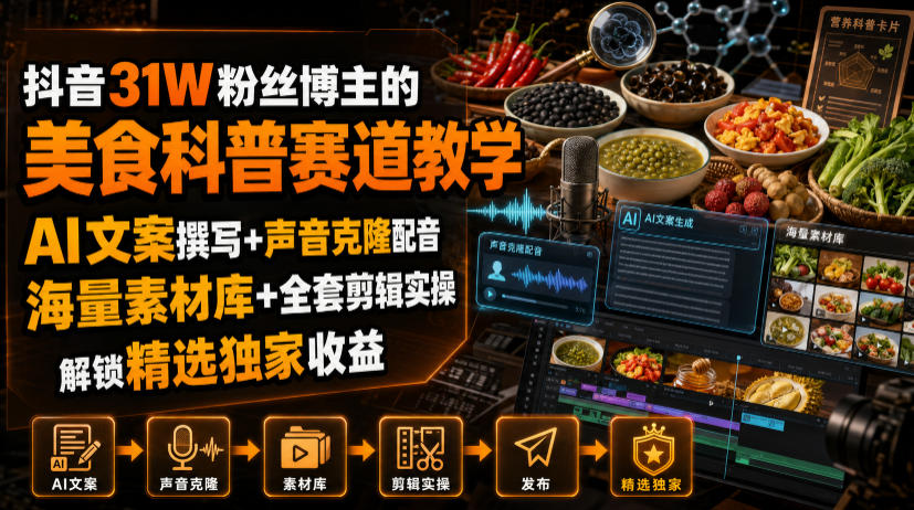 抖音31W粉丝博主的美食科普赛道教学，AI文案撰写+声音克隆配音+剪辑实操，解锁精选独家收益-FANGXZHAN网创