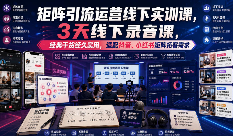 嗨推矩阵引流运营线下实训课，3天线下录音课，经典干货经久实用，适配抖音、小红书矩阵拓客需求-FANGXZHAN网创