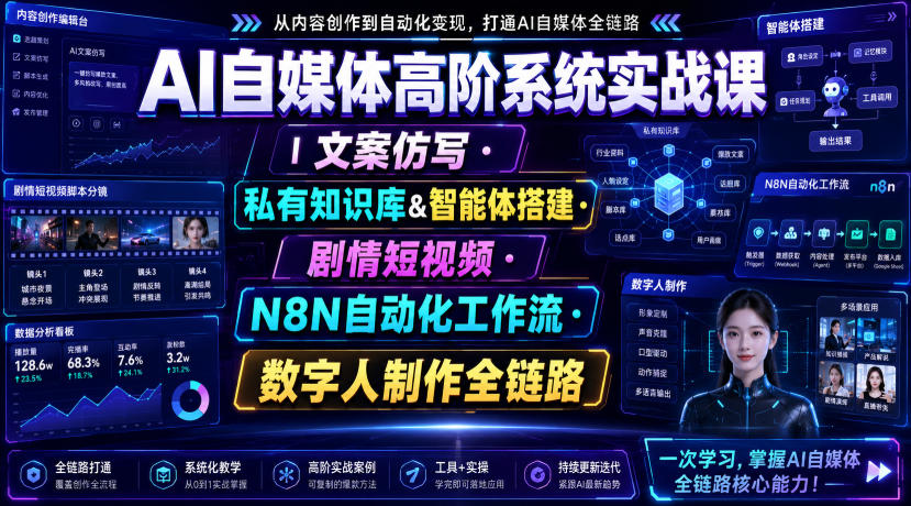 AI自媒体高阶系统实战课｜文案仿写・私有知识库&智能体搭建・剧情短视频・N8N自动化工作流・数字人制作全链路-FANGXZHAN网创