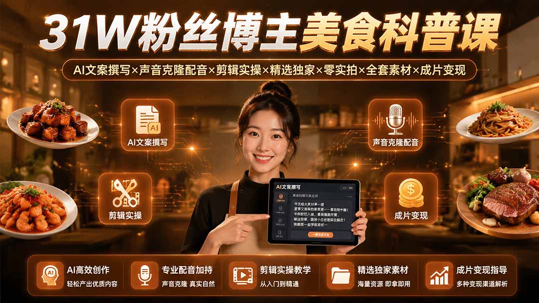 31W粉丝博主美食科普课：AI文案撰写×声音克隆配音×剪辑实操×精选独家×零实拍×全套素材×成片变现-FANGXZHAN网创