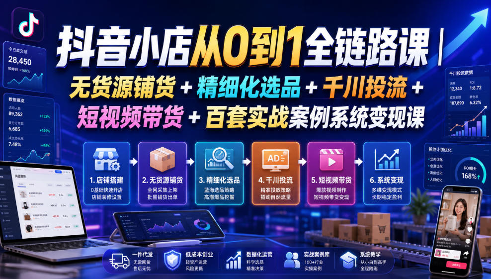 抖音小店从0到1全链路课｜无货源铺货+精细化选品+千川投流+短视频带货+百套实战案例系统变现课(2026年7月更新)-FANGXZHAN网创