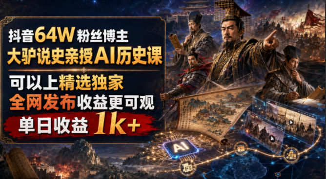 抖音64W粉丝博主大驴说史亲授AI历史课，可以上精选独家，全网发布收益更可观，单日收益1k+-FANGXZHAN网创