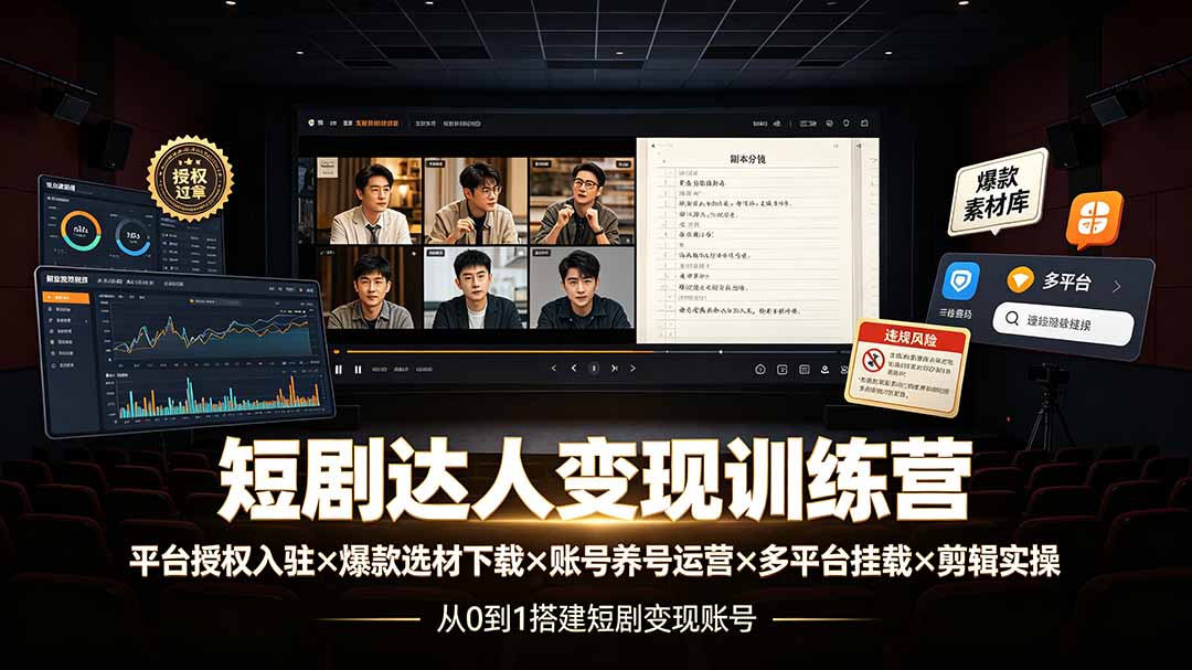 短剧达人变现训练营：平台授权入驻×爆款选材下载×账号养号运营×多平台挂载×剪辑实操×违规处理全流程-FANGXZHAN网创
