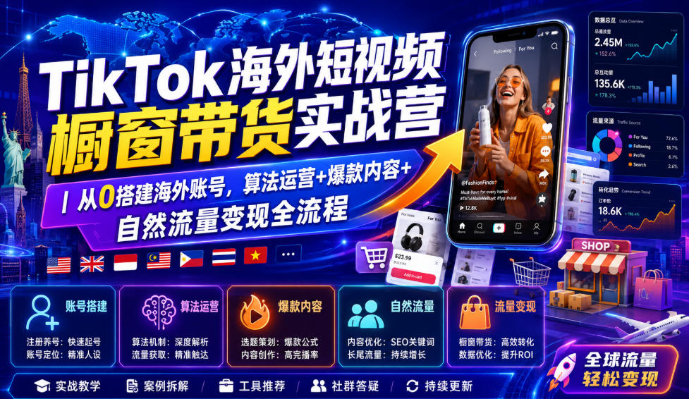 TikTok海外短视频橱窗带货实战营｜从0搭建海外账号，算法运营+爆款内容+自然流量变现全流程-FANGXZHAN网创