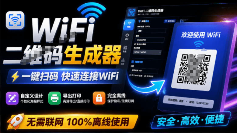 完全离线使用！WiFi二维码生成器，一键扫码快速连接WiFi，支持自定义风格导出WiFi二维码生成器-FANGXZHAN网创