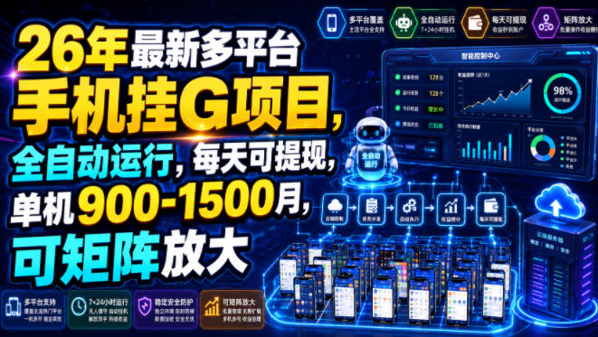 26年最新多平台手机挂G项目，全自动运行，每天可提现，单机900-1500月，可矩阵放大【揭秘】-FANGXZHAN网创