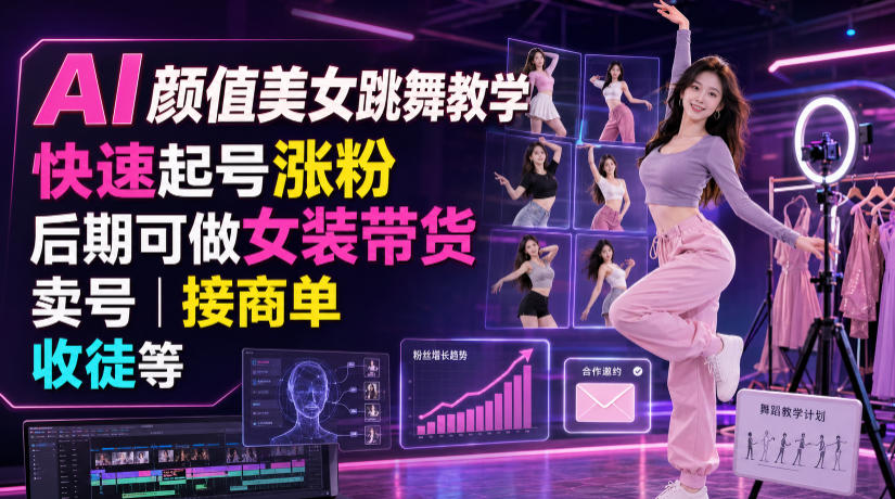 AI颜值美女跳舞教学，快速起号涨粉，后期可做女装带货，卖号，接商单，收徒等-FANGXZHAN网创