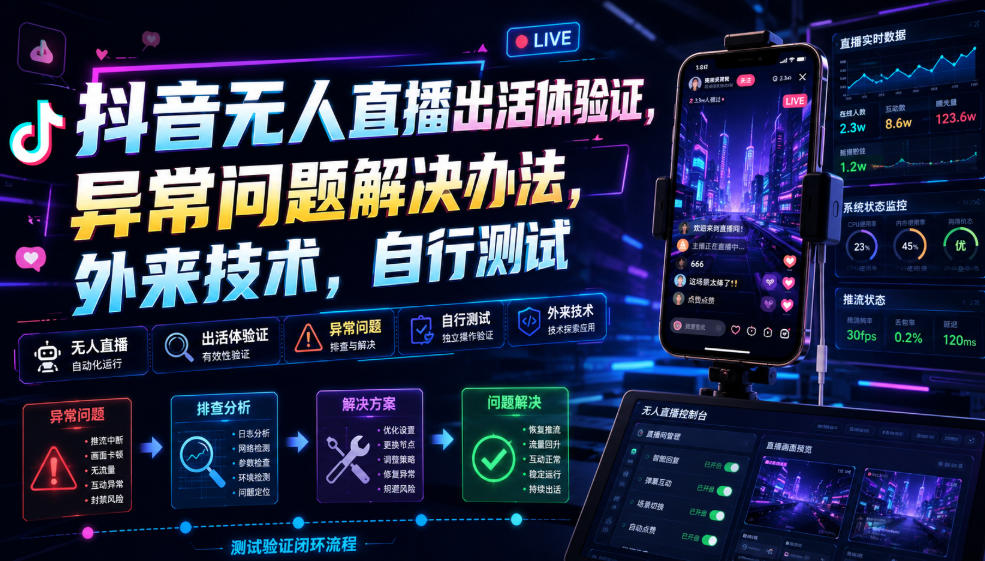抖音无人直播出活体验证，异常问题解决办法，外来技术，自行测试-FANGXZHAN网创