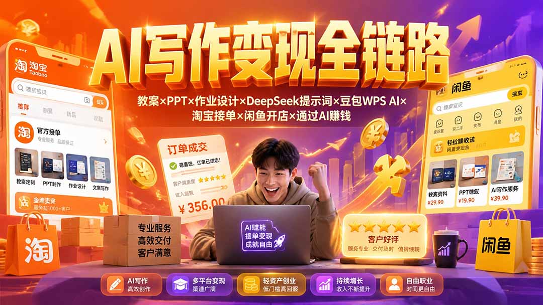 2026AI写作变现全链路：教案×PPT×作业设计×DeepSeek提示词×豆包WPS AI×淘宝接单×闲鱼开店×通过AI賺钱-FANGXZHAN网创