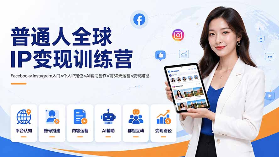 普通人全球IP变现训练营：Facebook×Instagram入门×个人IP定位×AI辅助创作×前30天运营×变现路径-FANGXZHAN网创
