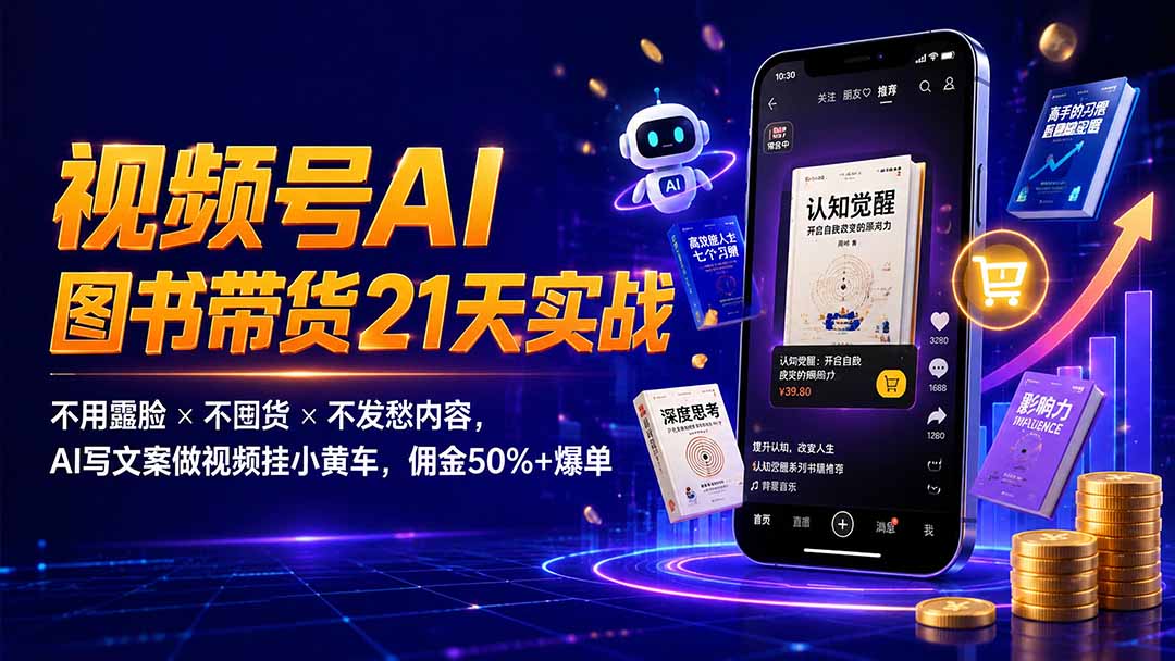 繁花视频号AI图书带货21天实战：不用露脸×不囤货×不发愁内容，AI写文案做视频挂小黄车，佣金50%+爆单-FANGXZHAN网创