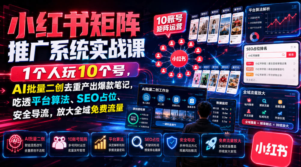 小红书矩阵推广系统实战课｜1个人玩10个号，AI批量二创去重产出爆款笔记，吃透平台算法、SEO占位、安全导流，放大全域免费流量-FANGXZHAN网创