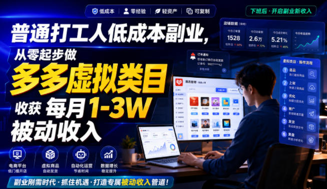 普通打工人低成本副业，从零起步做多多虚拟类目，收获每月1-3W被动收入【揭秘】-FANGXZHAN网创