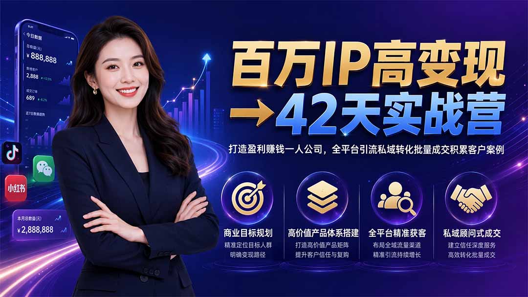 百万IP高变现→42天实战营｜打造盈利赚钱一人公司，全平台引流私域转化批量成交积累客户案例-FANGXZHAN网创