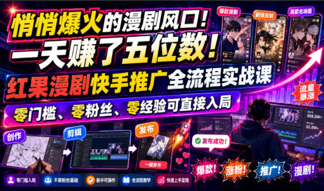 悄悄爆火的漫剧风口！一天賺了五位数！红果漫剧快手推广全流程实战课，零门槛、零粉丝、零经验可直接入局-FANGXZHAN网创