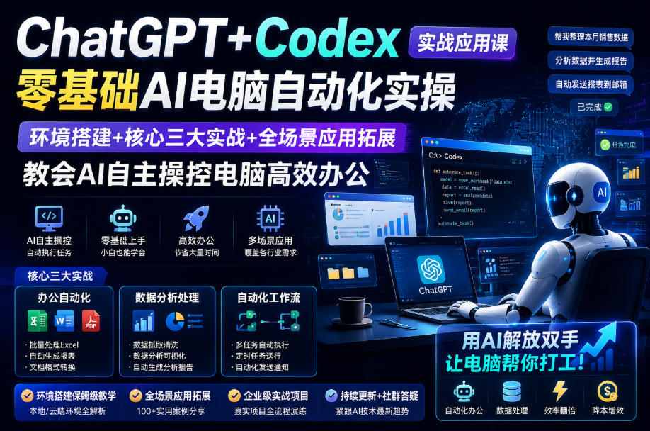 ChatGPT+Codex实战应用课｜零基础AI电脑自动化实操，环境搭建+核心三大实战+全场景应用拓展，教会AI自主操控电脑高效办公-FANGXZHAN网创