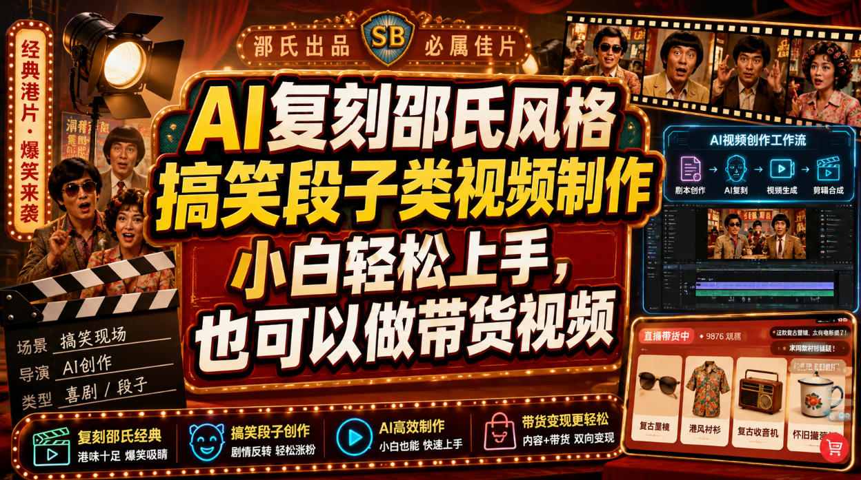 AI复刻邵氏风格搞笑段子类视频制作，小白轻松上手，也可以做带货视频-FANGXZHAN网创