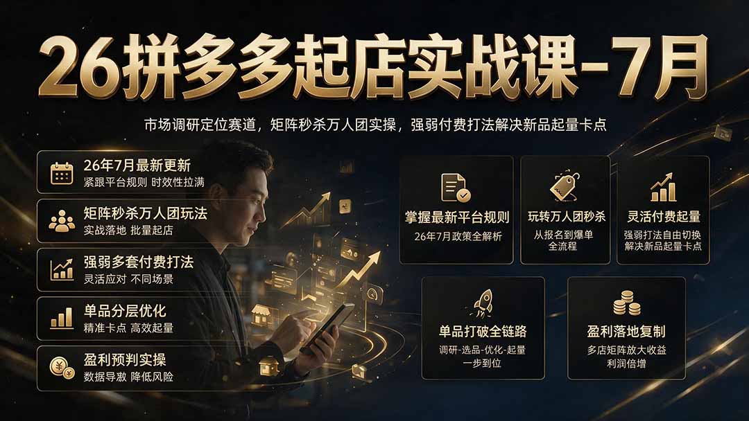 26拼多多起店实战课-7月｜市场调研定位赛道，矩阵秒杀万人团实操，强弱付费打法解决新品起量卡点-FANGXZHAN网创