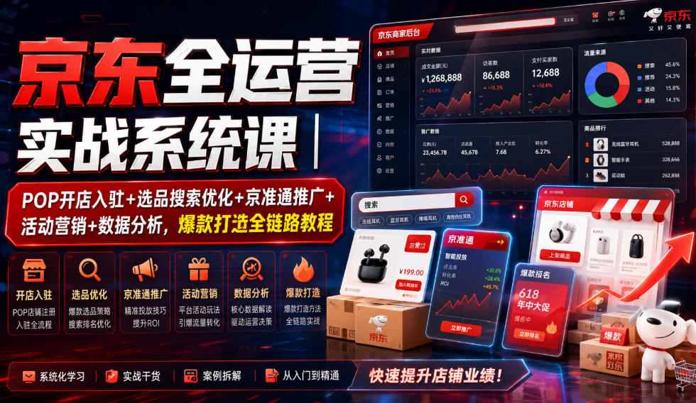 京东全运营实战系统课｜POP开店入驻+选品搜索优化+京准通推广+活动营销+数据分析，爆款打造全链路教程-FANGXZHAN网创