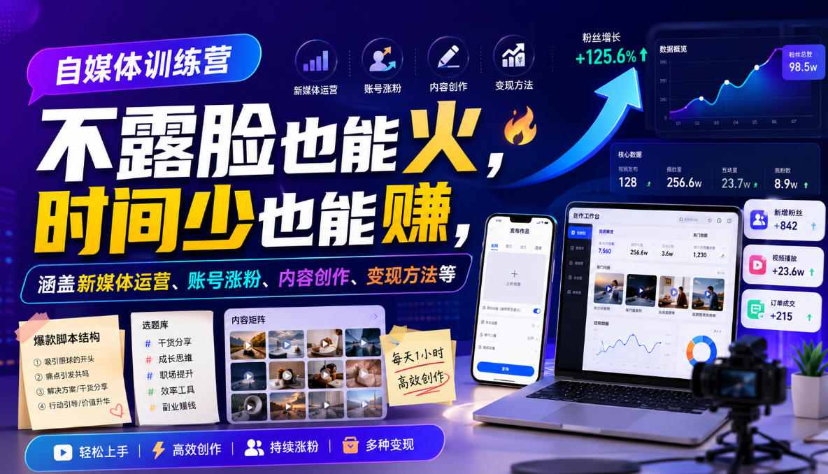 自媒体训练营，不露脸也能火，时间少也能賺，涵盖新媒体运营、账号涨粉、内容创作、变现方法等-FANGXZHAN网创