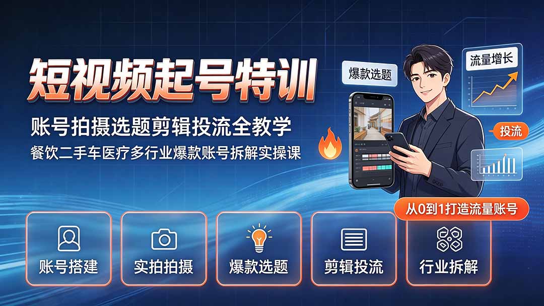 短视频起号特训｜账号拍摄选题剪辑投流全教学，餐饮二手车医疗多行业爆款账号拆解实操课-FANGXZHAN网创