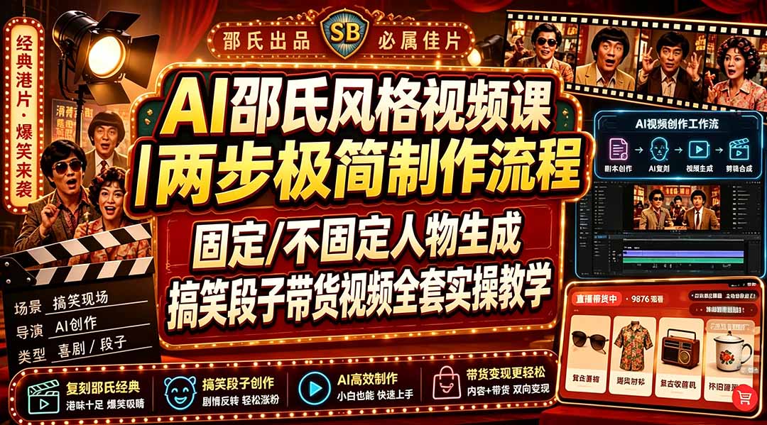 AI邵氏风格视频课｜两步极简制作流程，固定/不固定人物生成，搞笑段子带货视频全套实操教学-FANGXZHAN网创