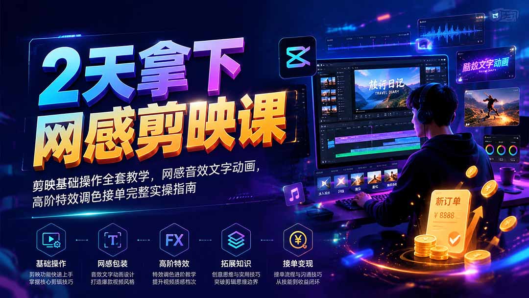 2天拿下网感剪辑课｜剪映基础操作全套教学，网感音效文字动画，高阶特效调色接单完整实操指南-FANGXZHAN网创
