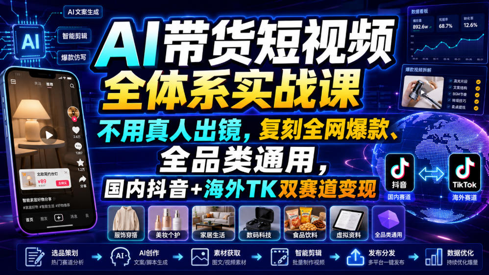 AI带货短视频全体系实战课，不用真人出镜，复刻全网爆款、全品类通用，国内抖音+海外TK双赛道变现-FANGXZHAN网创