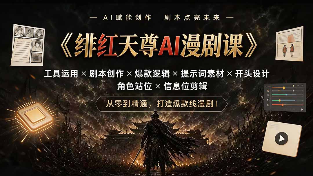 绯红天尊AI漫剧课｜工具运用×剧本创作×爆款逻辑×提示词素材×开头设计×角色站位×信息位剪辑-FANGXZHAN网创