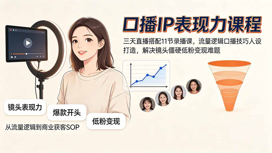 口播IP表现力课程｜三天直播搭配11节录播课，流量逻辑口播技巧人设打造，解决镜头僵硬低粉变现难题-FANGXZHAN网创