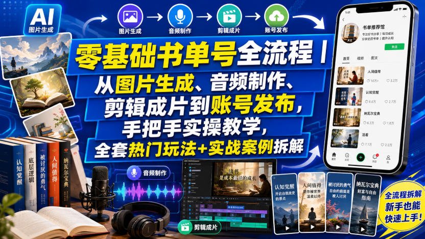 零基础书单号全流程｜从图片生成、音频制作、剪辑成片到账号发布，手把手实操教学，全套热门玩法+实战案例拆解-FANGXZHAN网创